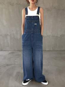 FRIFUL Women's Casual Washed Loose Denim Bib Overalls - Medium Wash - View 3