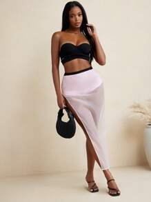 Ameri Pink Solid Color Organza High Slit Sexy Long Skirt Summer Beach Wear - Pink - View 3