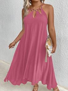SHEIN Clasi Plus Size Solid Color Hollow Circle Accent Spaghetti Strap Sleeveless Dress Maxi Women Outfit - Hot Pink - View 3