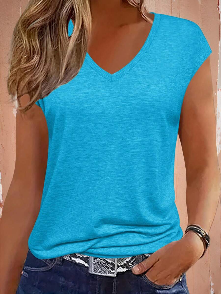 SHEIN LUNE 女士V领盖袖纯色休闲百搭T恤 - 藍色 - 查看 1