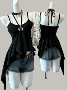 SHEIN EZwear 夏季乡村音乐会黑色不对称针织吊带背心 - 黑色 - 查看 1
