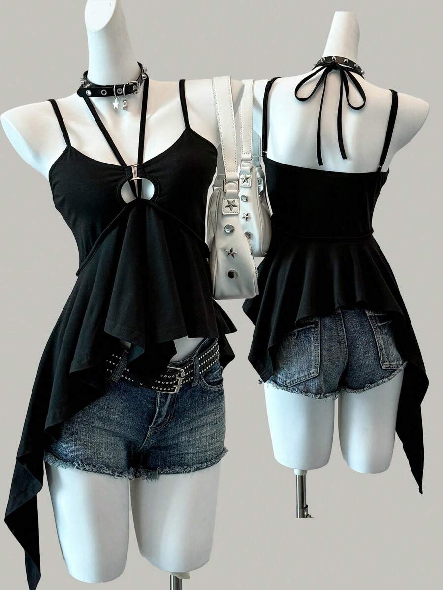 SHEIN EZwear 夏季乡村音乐会黑色不对称针织吊带背心 - 黑色 - 查看 1
