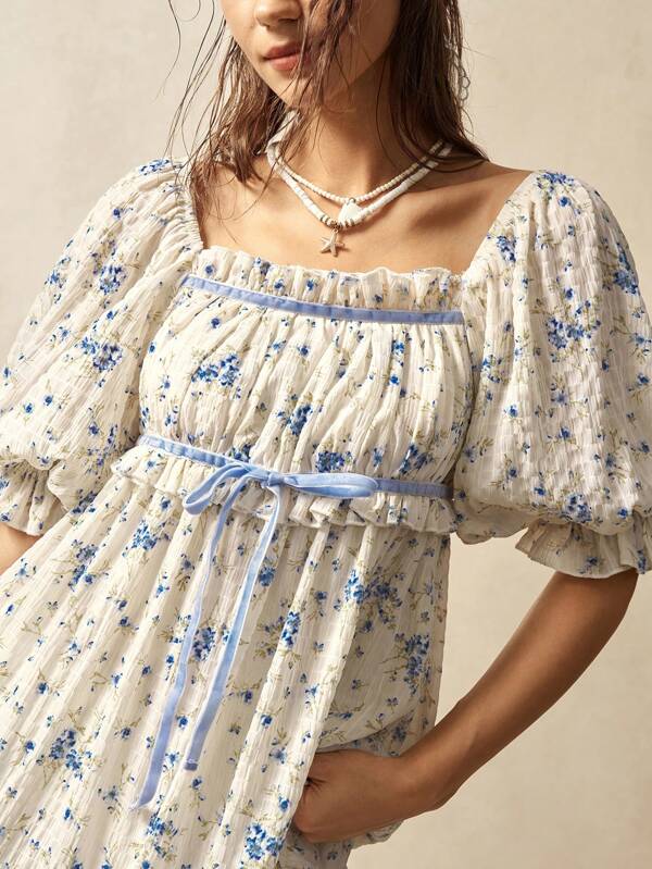 Bohemela Lässiges Urlaubskurzkleid mit Blume Muster, quadratischem Ausschnitt und Puffärmeln für Damen