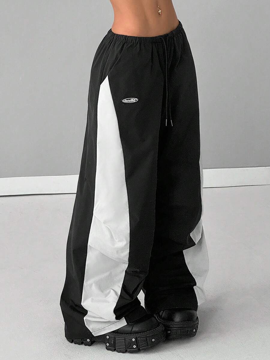 Coolane 女士春夏演唱会街头服饰外出撞色降落伞裤 - 黑色 - 查看 1