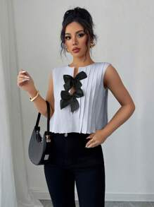 Elenzga Bowknot Decor Round Neck Pleated Sleeveless Elegant Blouse - Multicolor - View 6