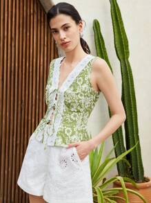 Chiquease 女士 V 领无袖贴花饰边衬衫 - 綠色 - 查看 5