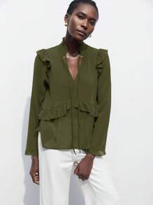 Maija 2025 New Sage Green Ruffle Trim Open Front Romantic Casual Women Shirt, Business Casual Commute Elegant Beach Resort Suitable For Wedding Guest, Countryside Music Festival, Brunch, Airport, 90s Vintage,Autumn Outfits For Women - Army Green - View 3