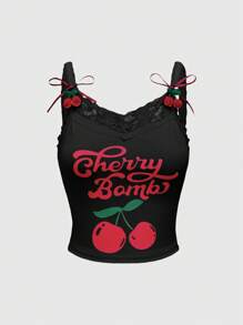 ROMWE Kawaii Women Summer Cherry Print Contrast Lace Cami Top & Shorts Two Pieces Outfits For Daily Wear - Black - View 7