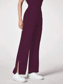 TaskEZ Solid Color Notched Neck Short Sleeve Top And Pocket Long Pants /Care Worker Scrub Uniform Set - Purple - View 5