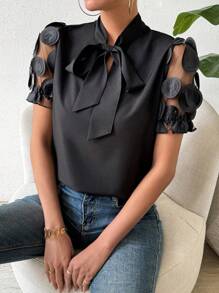 SHEIN Clasi Women's Round Applique Net Yarn Short Sleeve Tie Collar Shirt