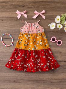 SHEIN Gaun Bayi Perempuan Longgar Kasual Sederhana Nyaman Manis Imut Motif Bunga Patchwork - Berwarna merah muda - View 9