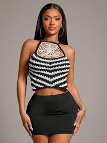 SHEIN SXY Women's Contrast Stripe Spider Web Halter Neck Top, Summer - Multicolor - View 6
