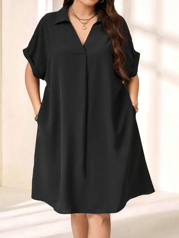 EMERY ROSE Plus Size Solid Color Collared Short Sleeve Casual Mini Dress, Minimalist Style,Summer Outfits For Women,Business Casual Woman