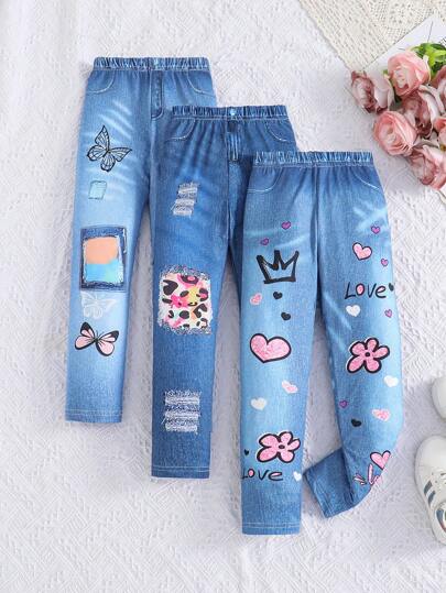 3pcs Young Girl Girls Casual Cute Graffiti, Leopard, Butterfly, Kitty, Denim Look Print Leggings
