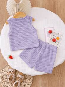 SHEIN Babygirlsu Summer Red Strawberry Print Set, Includes Sleeveless Round Neck Top And Matching Shorts, Sweet Style, Lightweight, Suitable For Outdoor Play, Home Comfort, And Friendly Gathering - Purple - View 8