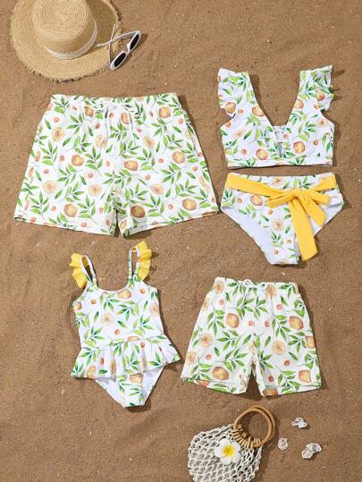 Young Girl Random Lemon Print Ruffle One Piece Swimsuit, Cute Beach Vacation Style