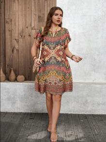 SHEIN LUNE Plus Size Women's Vintage Floral Print V Neck Bat Sleeve Casual Dress,Light Yellow,Summer,Boho,Vacation,Holiday Resort Wear Ladies Sun Dresses - Multicolor - View 5