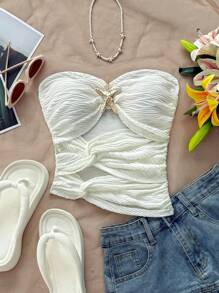 Soleia Top fără bretele din tricot alb de vacanță pentru femei, cu decupaj stea de mare, tiv asimetric asimetric, bluză de modă sexy pentru slăbire, pentru petrecere, întâlnire, Ziua Îndrăgostiților, carnaval, Paște, Western, festival de muzică, plajă, croazieră