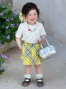 DAZY Baby Girl Round Neck Casual Bow Decor Loose Short Sleeve Top, Back Top School - White - View 7