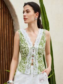 Chiquease 女士 V 领无袖贴花饰边衬衫 - 綠色 - 查看 6