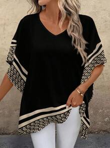 EMERY ROSE Women's Casual Simple Loose V-Neck Spliced Web Design Shirt, Suitable For Summer Chic Blouses For Women - Multicolor - View 4