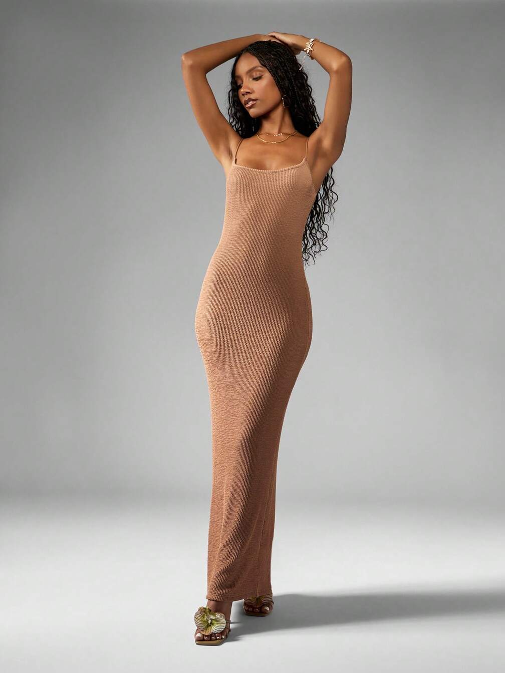 full length ribbed dress Quince Women's Cotton Cashmere Ribbed Long Sleeve V-Neck Midi Dress, Mocha Heather, Size XL