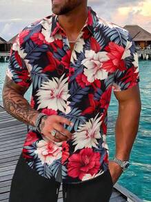 Manfinity RSRT Herren Hemd mit tropischem Pflanzenmuster und kurzen Ärmeln, figurbetontes Button-Up Blumengrafik Hemd für den Urlaub