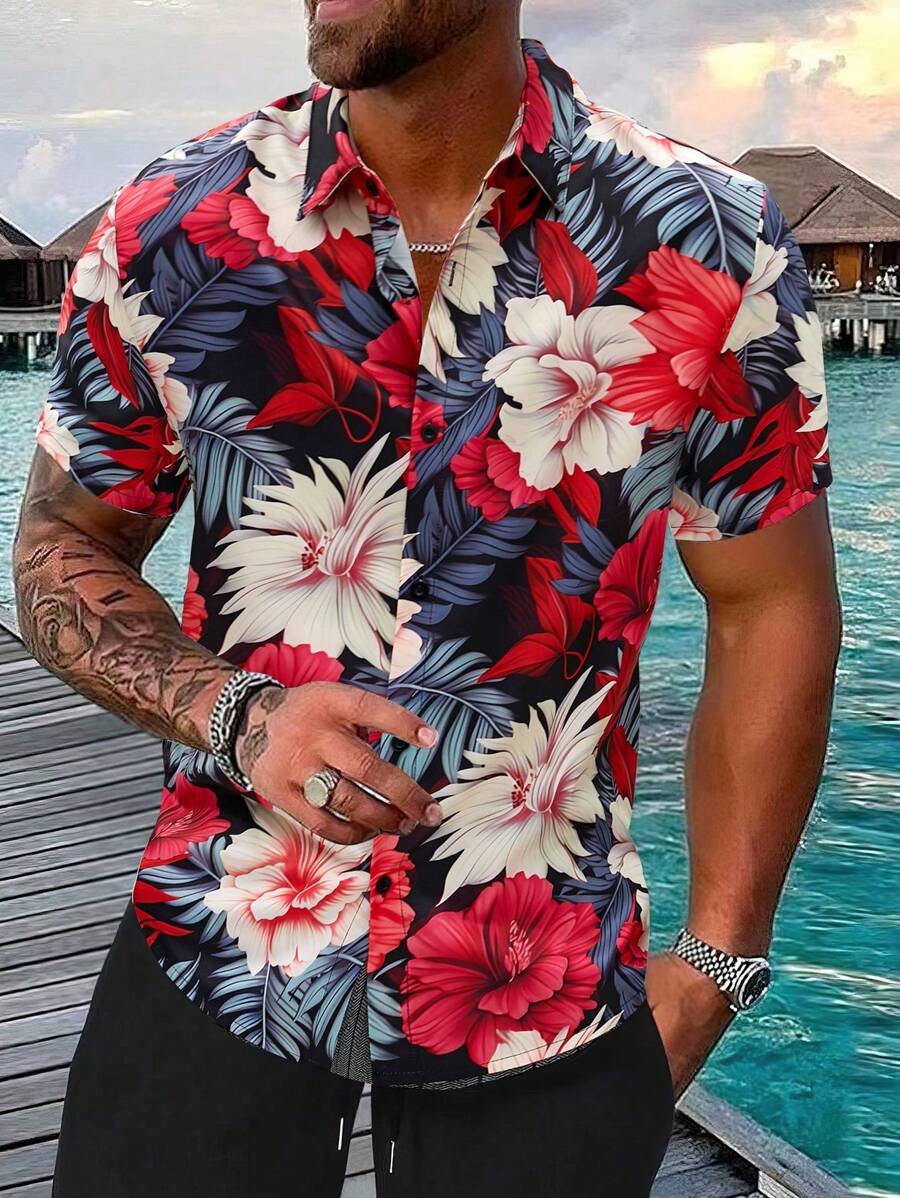 Manfinity RSRT Herren Hemd mit tropischem Pflanzenmuster und kurzen Ärmeln, figurbetontes Button-Up Blumengrafik Hemd für den Urlaub