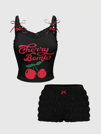 Kawaii Damen Zweiteiler aus Cami-Top mit Kirsch- und Buchstaben-Grafik und kontrastierender Spitzenbesatz sowie Shorts für den täglichen Gebrauch