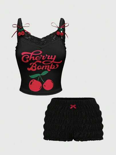 Kawaii Women Cherry And Letter Graphic Contrast Lace Trim Cami Top & Shorts Two Pieces Outfits For Daily Wear