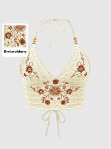 ROMWE Hippie Parte superior tejida de camisola con escote pronunciado, bordada con flores, de estilo hippie, con cordón de cierre en la espalda, para tallas grandes