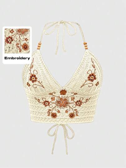 Hippie Hippie Flower Embroidered Tie Back Beaded Plus Size Camisole Knit Top