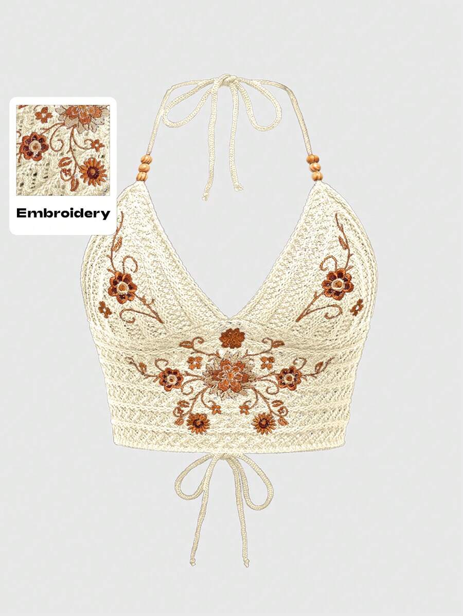 ROMWE Hippie Parte superior tejida de camisola con escote pronunciado, bordada con flores, de estilo hippie, con cordón de cierre en la espalda, para tallas grandes