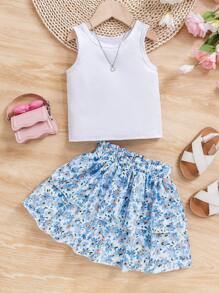 2pcs/Set Young Girls Casual Minimalist Style Sleeveless Top And Ditsy Floral Printed Skirt Set, Back To School Clothes - Multicolor - View 3