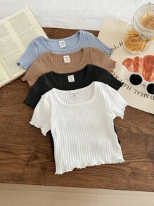 SHEIN 4pcs/Set Casual Simple Solid Color Ribbed Frill Trim Short Sleeve Tops For Baby Girls