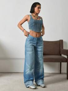 EURMUSE HIGH RISE WIDELEG JEAN WITH FOLDED UP HEM Women S Bottoms Wide Leg Jeans Women - Light Wash - View 7
