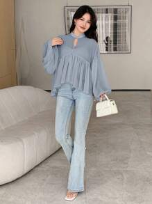 DAZY Women's Solid Color Standing Collar Long Sleeve Pleated Casual Vacation Blouse, Spring/Summer