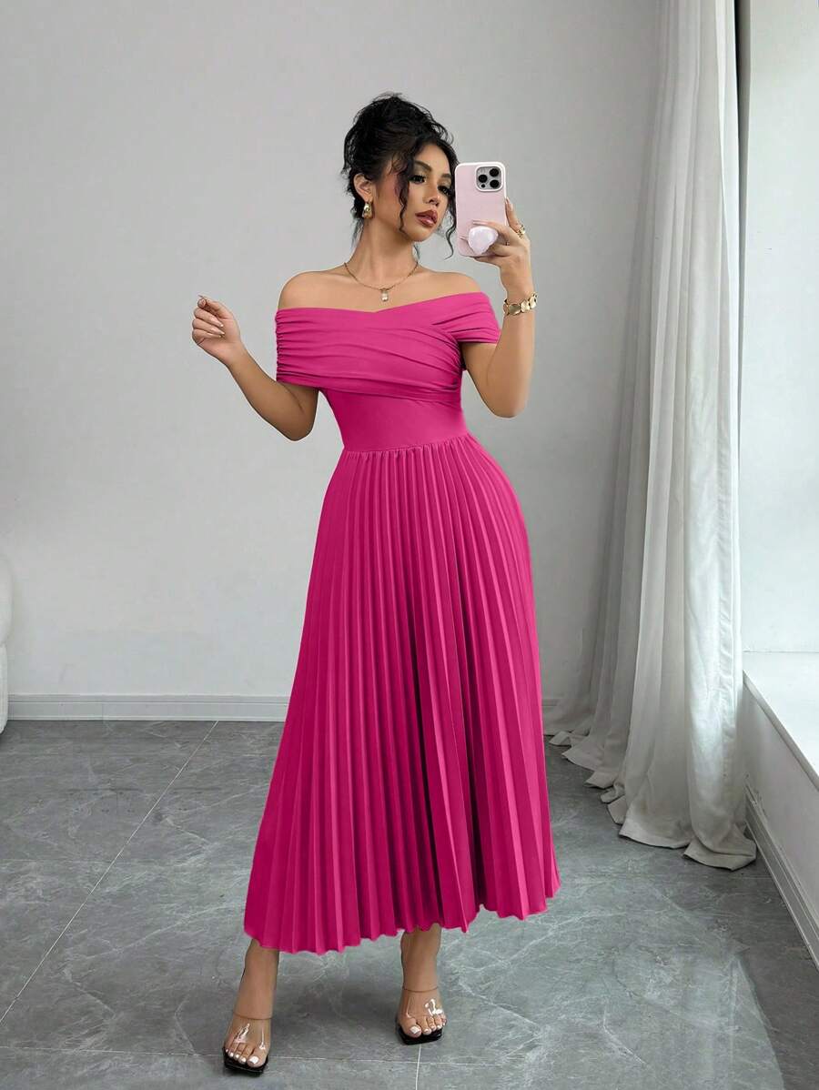 Elenzga 女士露肩褶腰连衣裙 - 玫紅色 - 查看 1