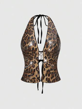 Grunge Punk Top canotta da donna con pendente a croce, paillettes leopardate, stile punk pop star, adatto per spiaggia, festival e moda di strada, stile Y2K