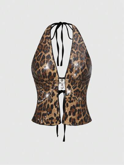 Grunge Punk Top canotta da donna con pendente a croce, paillettes leopardate, stile punk pop star, adatto per spiaggia, festival e moda di strada, stile Y2K