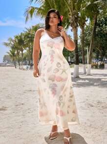 SHEIN EZwear 大码度假海星印花网眼细肩带美人鱼下摆网纱连衣裙