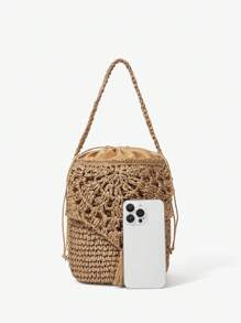 Maija Women's Handmade Woven Straw Tasseled Handbag For Vacation - Beige - View 6