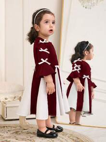 Baby Girl Bowknot Decor Contrast Color Round Neck Flare Sleeve Dress Fall Winter - Burgundy - View 3