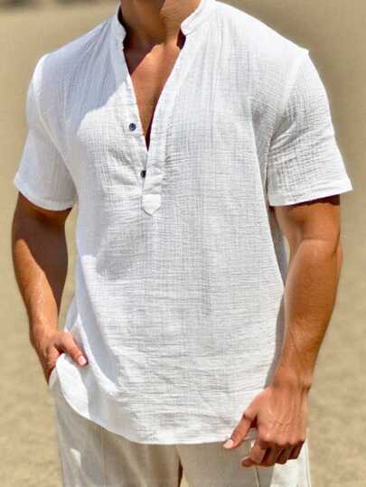 SHEIN Camisa de vacaciones casual de color crema blanco para adolescentes, estilo colegial suave y cómodo, versátil para el uso diario, la escuela, los viajes y la playa