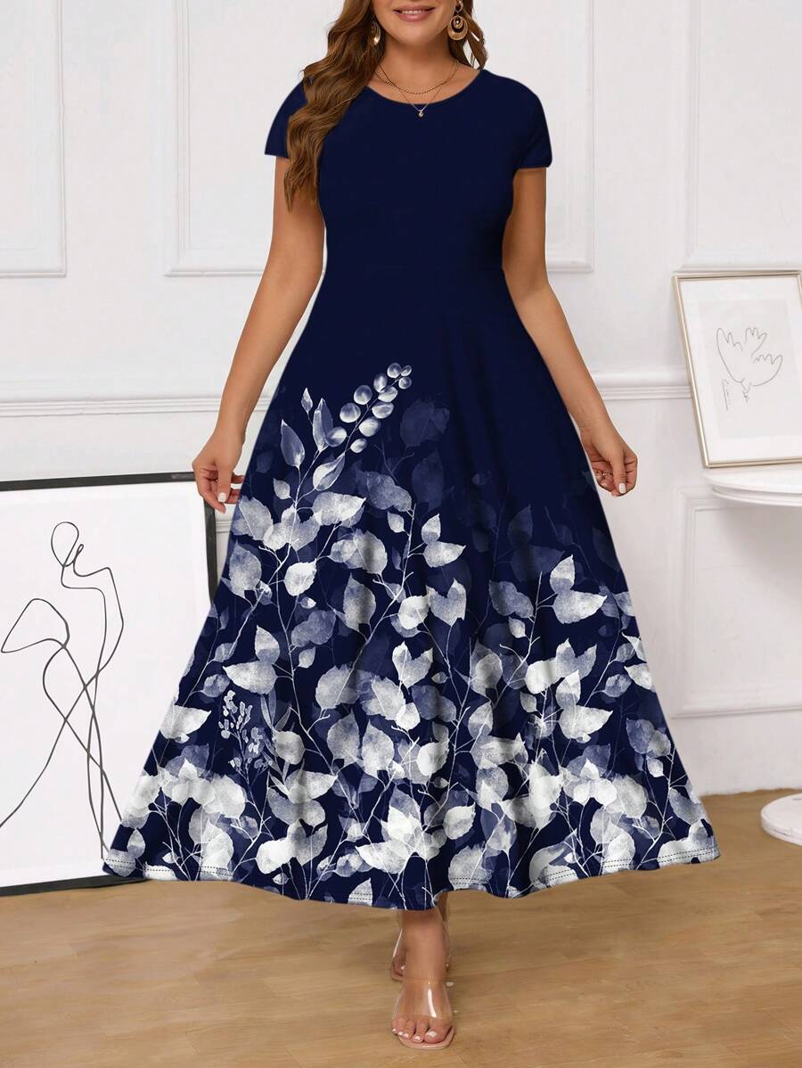 SHEIN Clasi Plus Size Women Casual Floral Print Round Neck Short Sleeve Dress Chic Dress - Blue - View 1