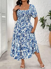 SHEIN Clasi Plus Size Women's Square Neck Casual Resort Summer Dress - Multicolor - View 5