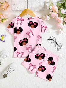 SHEIN Young Girl Pattern Bow Decor Casual Minimalist Snug Fit Crew Neck Short Sleeve Shorts Set, Comfortable Home Outfit, Suitable For Spring/Summer - Multicolor - View 2