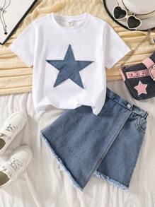 SHEIN Outfit casual da ragazza composto da t-shirt in denim con fiocco ricamato e pantaloncini in denim