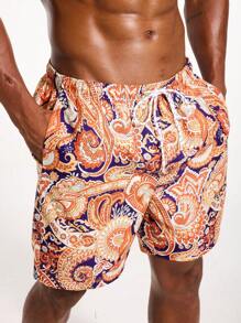 Surfspeed Plus Size Men's Botanical Print Drawstring Waist Beach Shorts - Multicolor - View 6