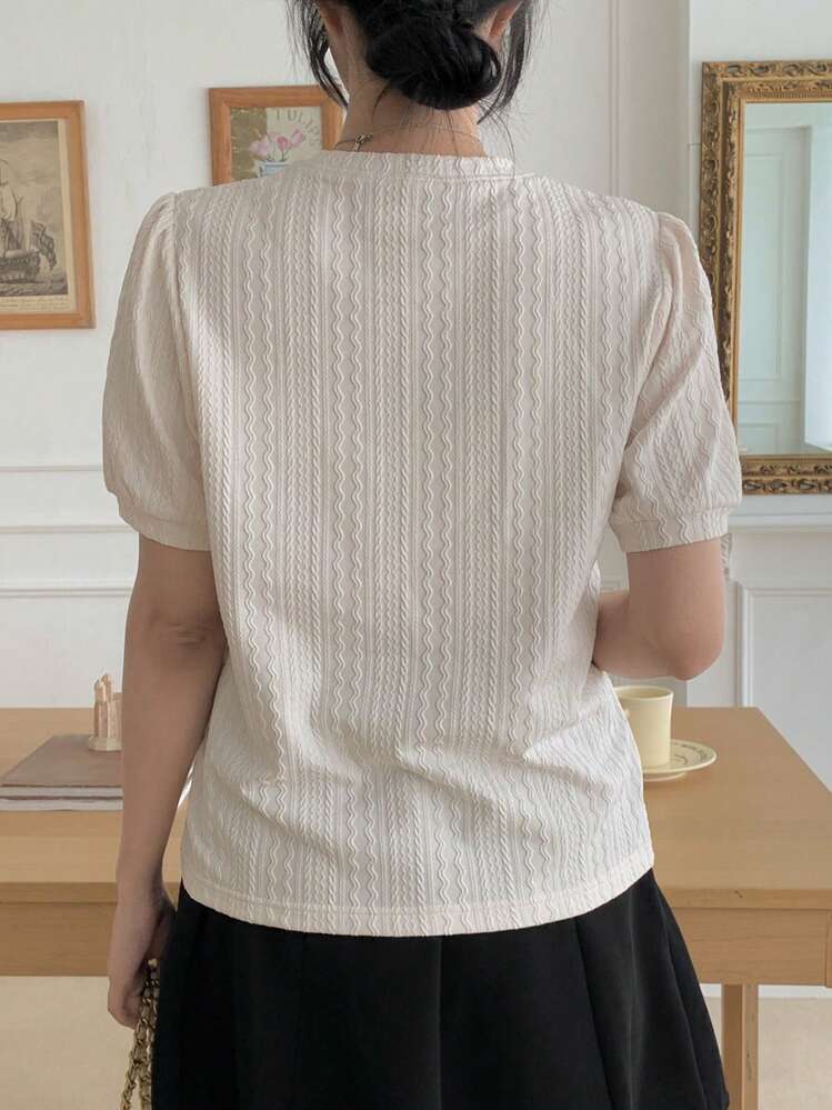 DAZY Blusa de verano para mujer de cuello redondo, elegante, versátil y holgada, camiseta de manga corta casual - Beis - Añade 5